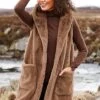 Ladies Faux Fur Long Hooded Waistcoat -Denim Dreams Store TS00302VICUNA